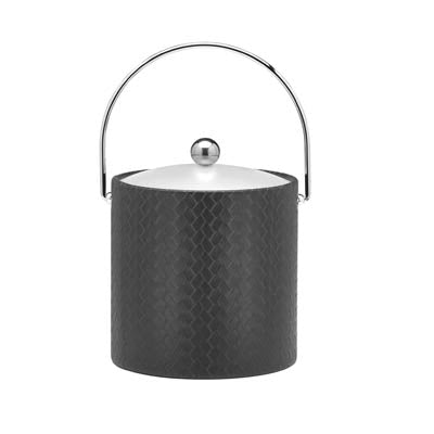 Eclipse | Front view of a leatherette ice bucket with textured finish and metal bale handle, shown on a clean white surface.
