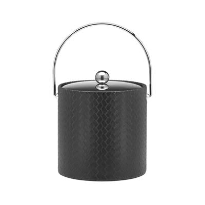 Eclipse | Leatherette ice bucket with textured finish, metal cover, and curved bale handle, shown on a clean white surface.
