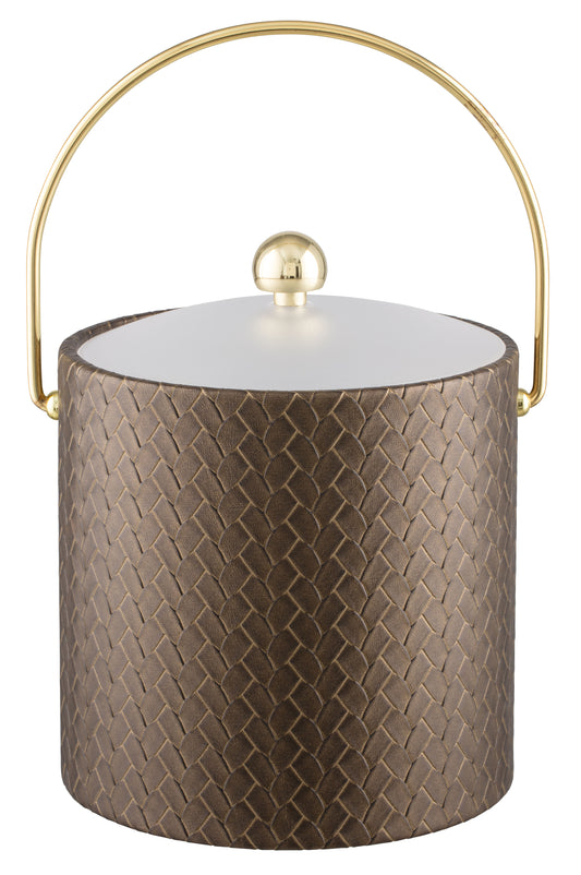 Antique Gold | 3-quart leatherette ice bucket with a gold bale handle, displayed upright on a white background.