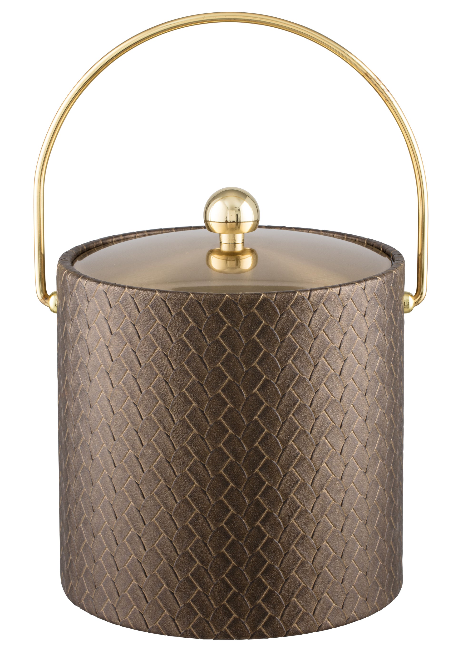 Antique Gold | 3-quart leatherette ice bucket with a shiny metal lid and gold bale handle, displayed on a white background.