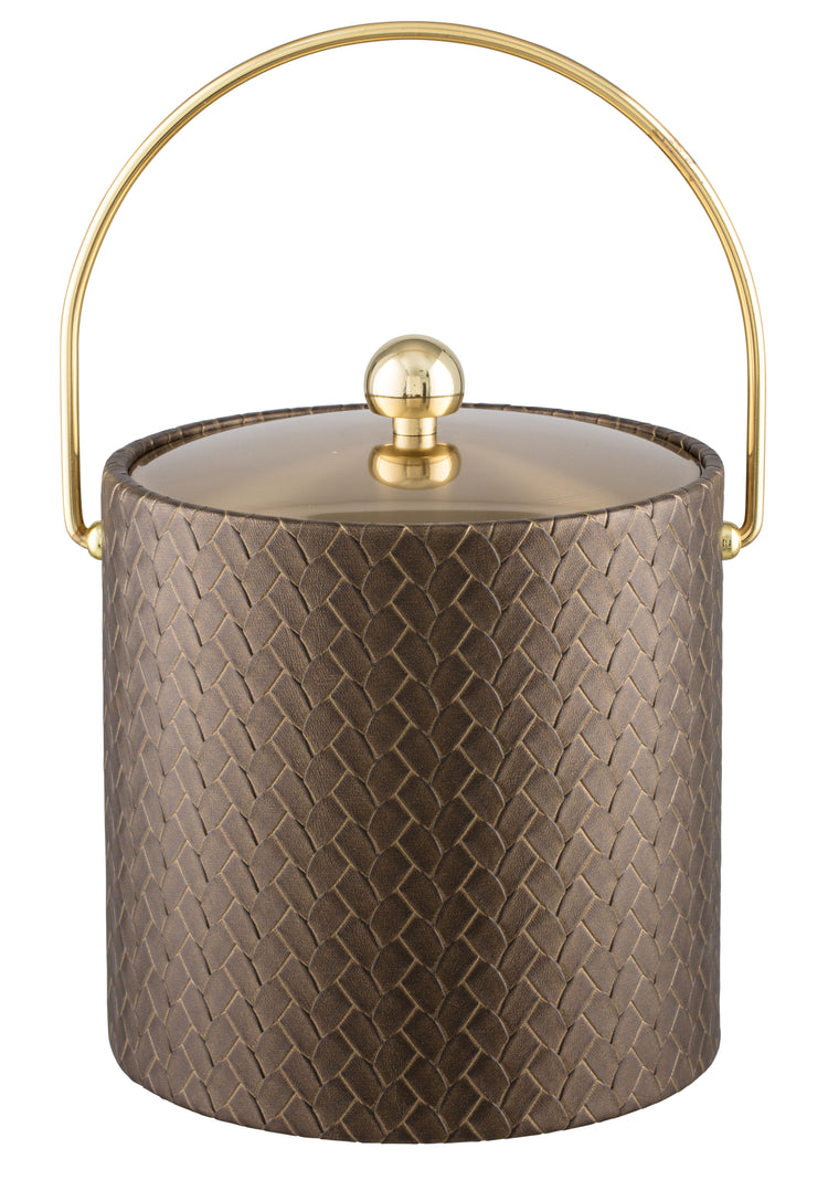Antique Gold | 3-quart leatherette ice bucket with a shiny metal lid and gold bale handle, displayed on a white background.