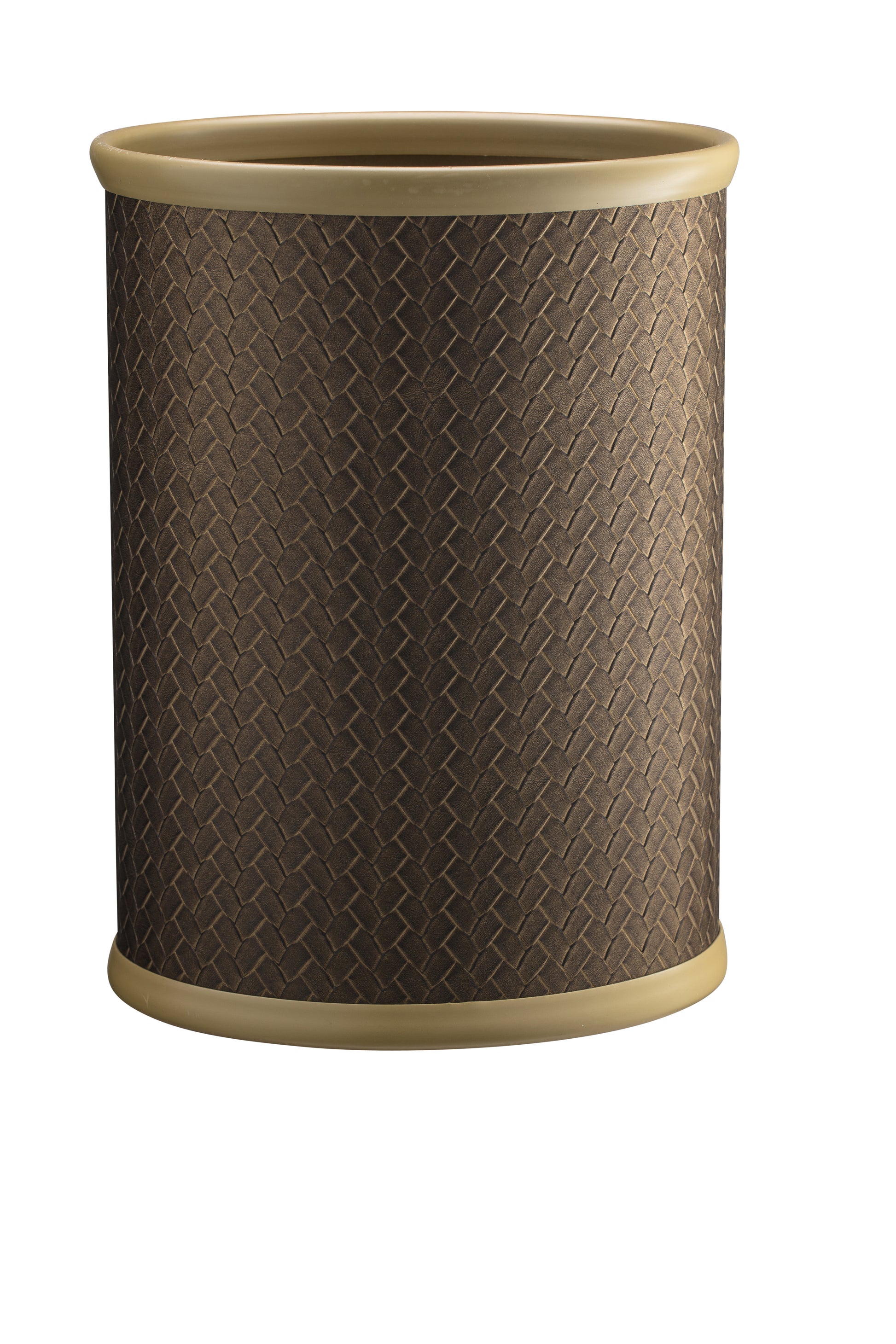 Antique Gold | Front view of a 13QT oval wastebasket featuring a textured leatherette surface, shown on a clean white surface.