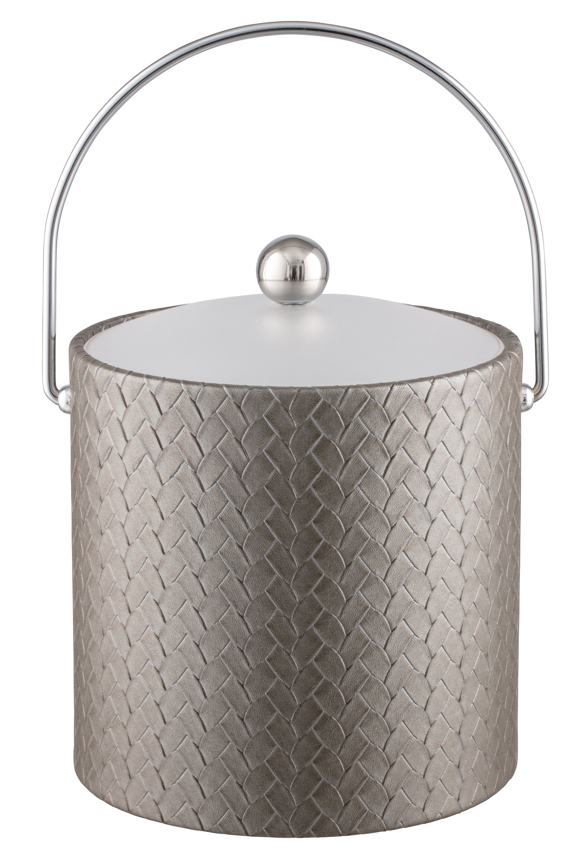 Silver | Stylish 3qt ice bucket with leatherette exterior and arched bale handle, centered on a white background.