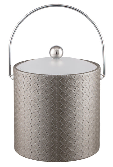 Silver | Stylish 3qt ice bucket with leatherette exterior and arched bale handle, centered on a white background.