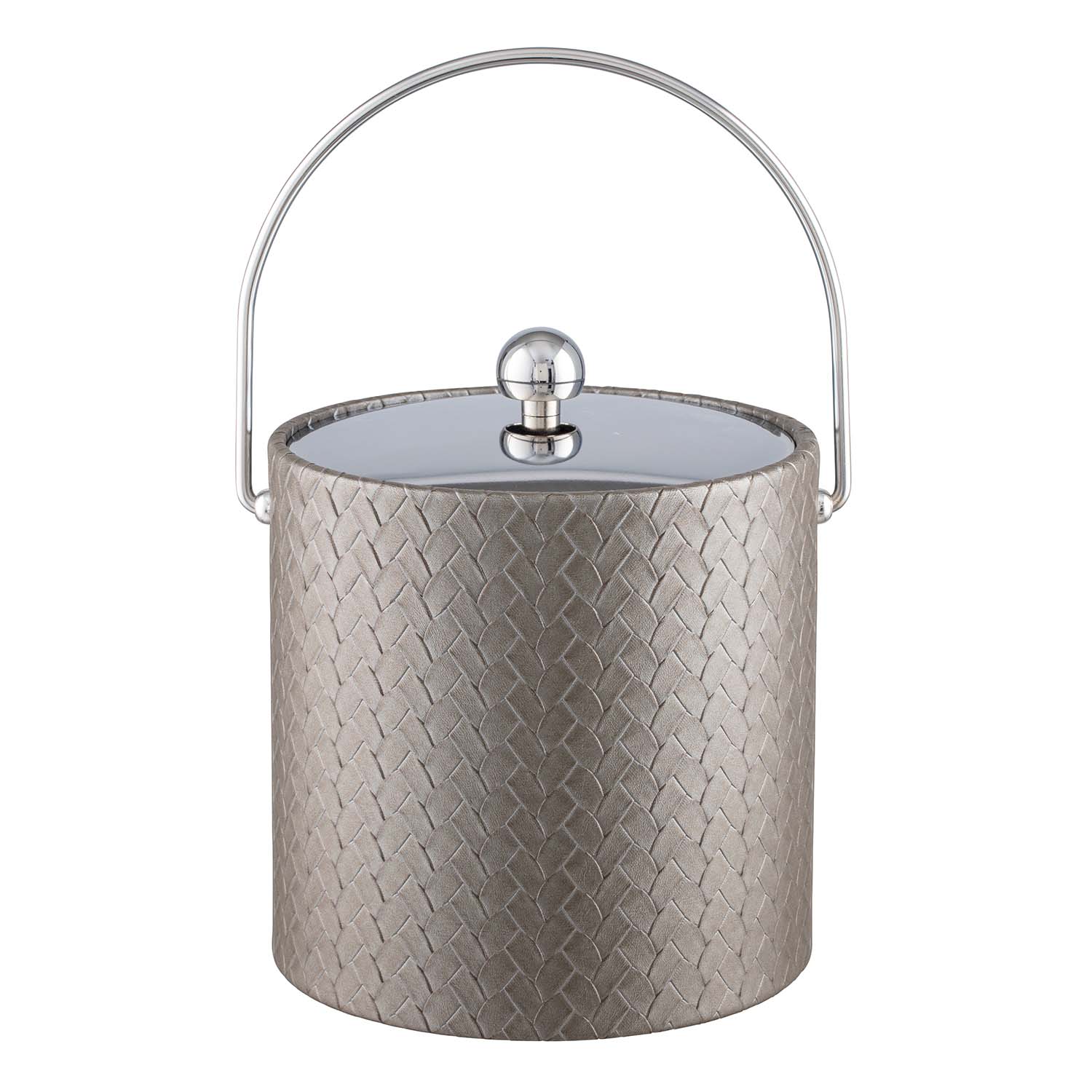 Silver | Elegant 3qt ice bucket with leatherette exterior, chrome metal cover and bale handle, centered on a white background.