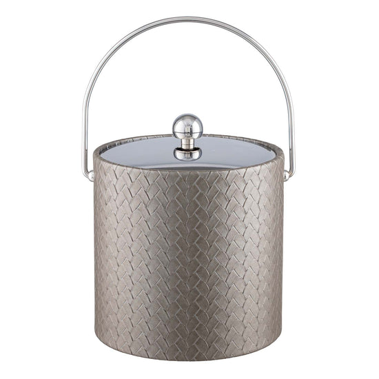 Silver | Elegant 3qt ice bucket with leatherette exterior, chrome metal cover and bale handle, centered on a white background.