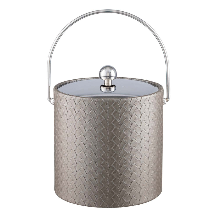 Silver | Elegant 3qt ice bucket with leatherette exterior, chrome metal cover and bale handle, centered on a white background.