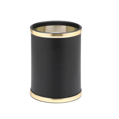 Black and Polished Gold | 8QT leatherette trash bin with metal bumpers.