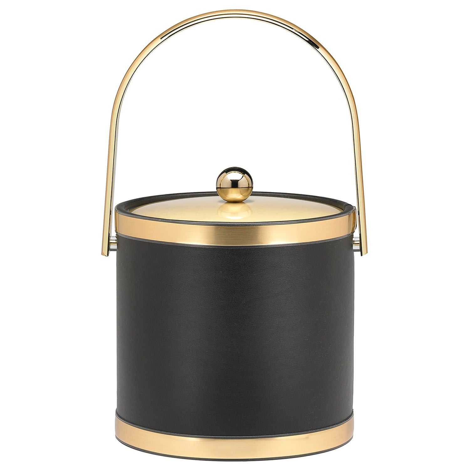 Black with Polished Gold | 3QT leatherette ice bucket with gold accents and flat metal cover.