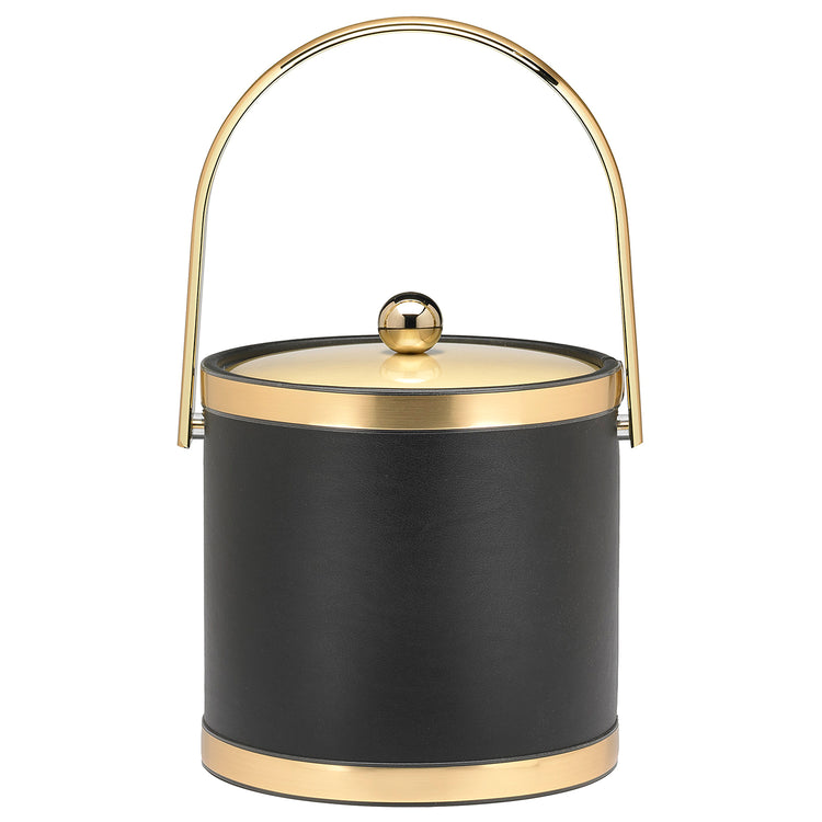 Black with Polished Gold | 3QT leatherette ice bucket with gold accents and flat metal cover.