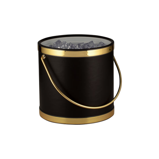Black with Polished Gold | Angled shot of 3QT leatherette ice bucket with shiny faux gold accents and ice cubes.