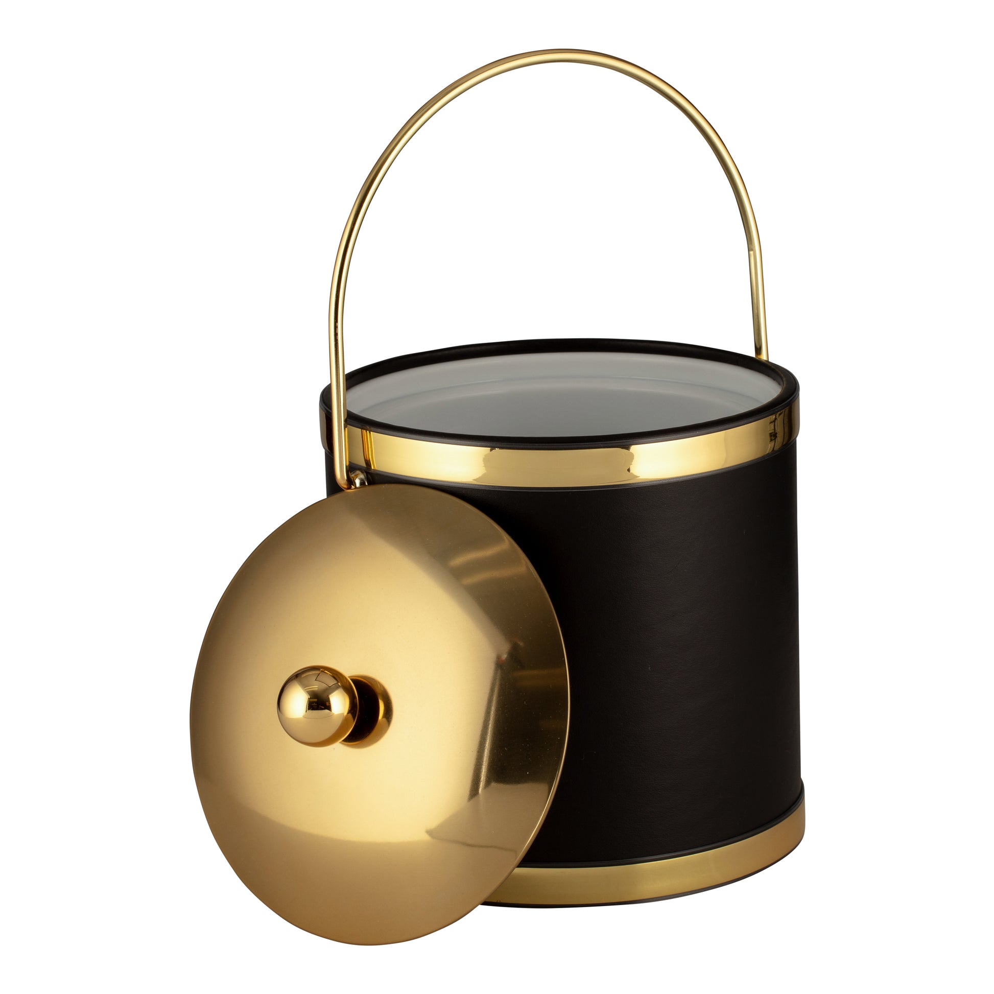 Black with Polished Gold | Side view of a leatherette ice bucket with gold bands, gold metal cover, and matching gold bale handle on a white background.