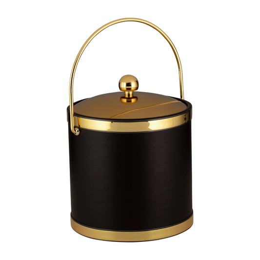 Black with Polished Gold | 3-quart leatherette ice bucket with faux gold bands, matching gold bale handle, and gold metal cover.