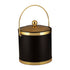 Black with Polished Gold | 3-quart leatherette ice bucket with faux gold bands, matching gold bale handle, and gold metal cover.