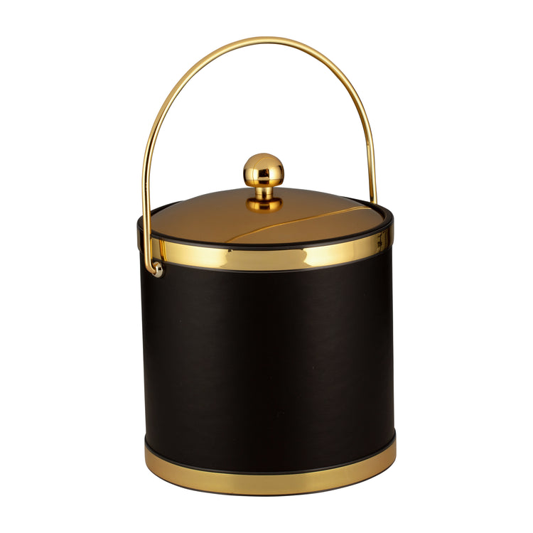 Black with Polished Gold | 3-quart leatherette ice bucket with faux gold bands, matching gold bale handle, and gold metal cover.