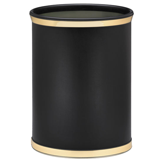 Black | Close-up of faux metal bumper details on a 13qt oval leatherette trash bin.