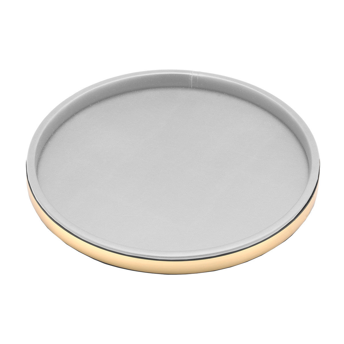 White and Polished Gold | Angled view of a leatherette tray highlighting the circular structure and sturdy base.