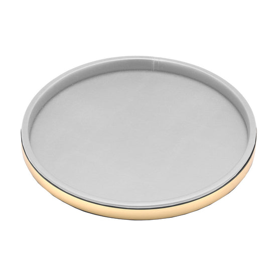 White and Polished Gold | Angled view of a leatherette tray highlighting the circular structure and sturdy base.