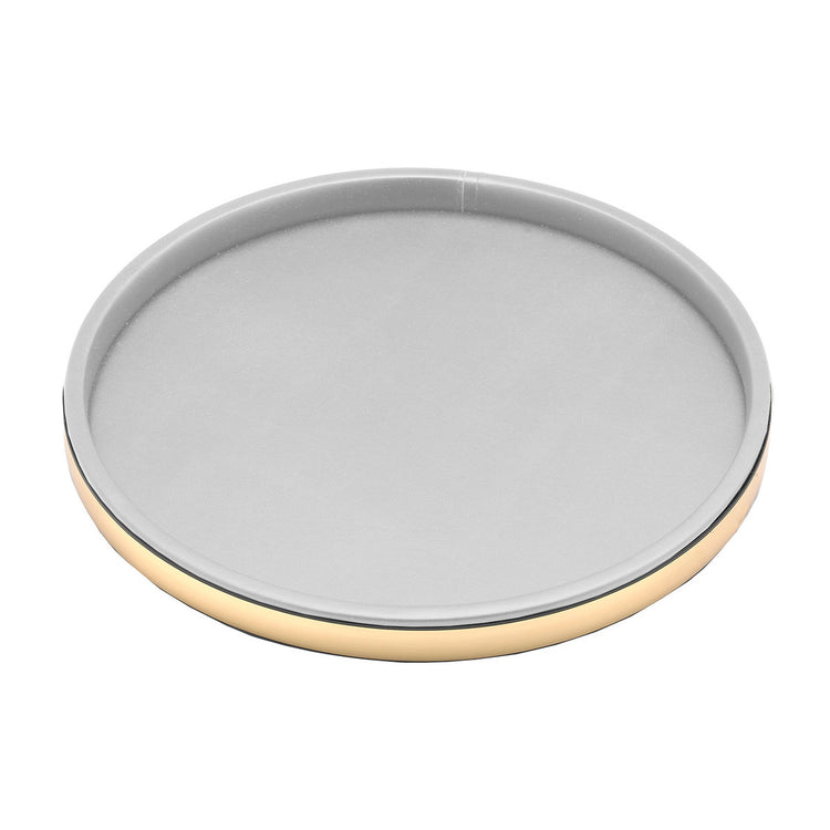 White and Polished Gold | Angled view of a leatherette tray highlighting the circular structure and sturdy base.