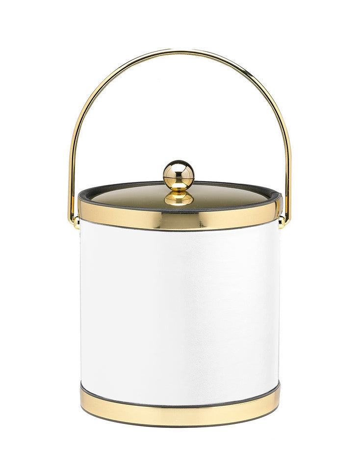 White with Polished Gold | Close-up of gold metal cover and faux gold bands on a leatherette ice bucket, centered on a white backdrop.