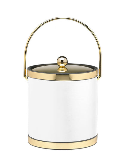 White with Polished Gold | Close-up of gold metal cover and faux gold bands on a leatherette ice bucket, centered on a white backdrop.