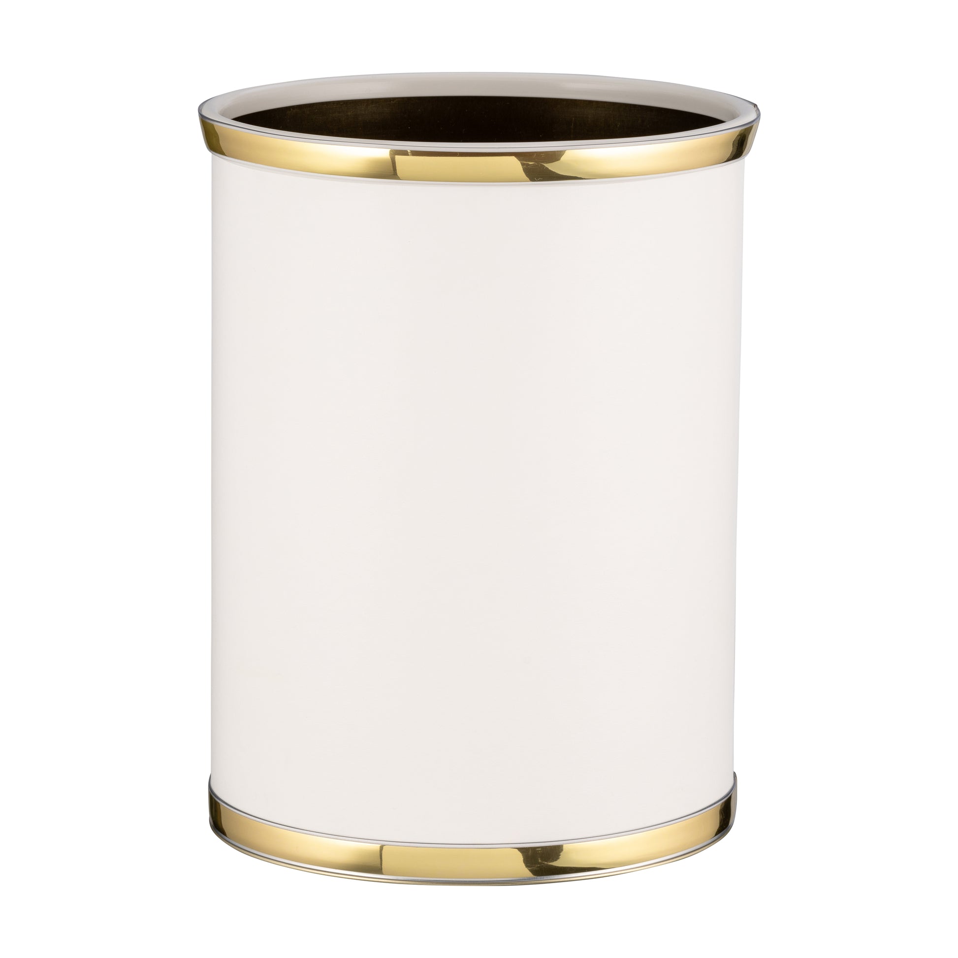 White | Front view of a 13-quart leatherette wastebasket featuring decorative metal looking bumpers.