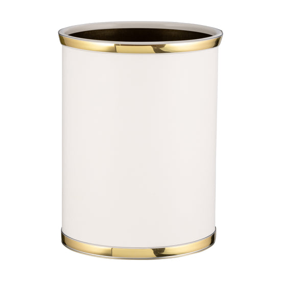 White | Front view of a 13-quart leatherette wastebasket featuring decorative metal looking bumpers.