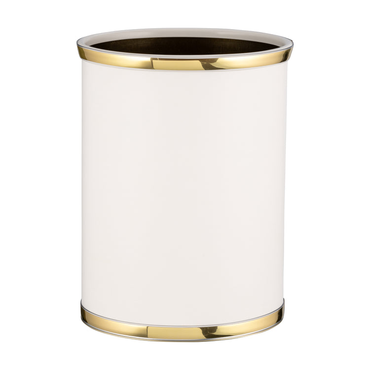 White | Front view of a 13-quart leatherette wastebasket featuring decorative metal looking bumpers.