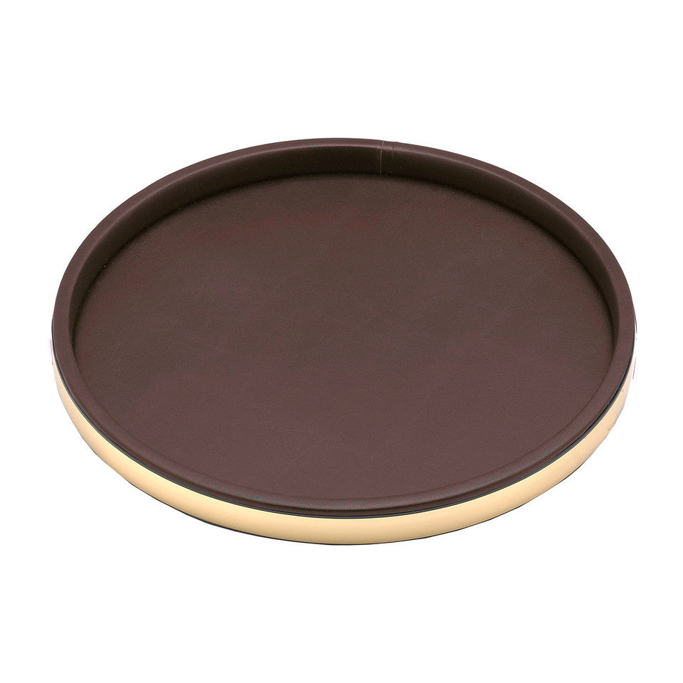 Brown and Polished Gold | Leatherette serving tray with detailed faux metal border and matte finish.