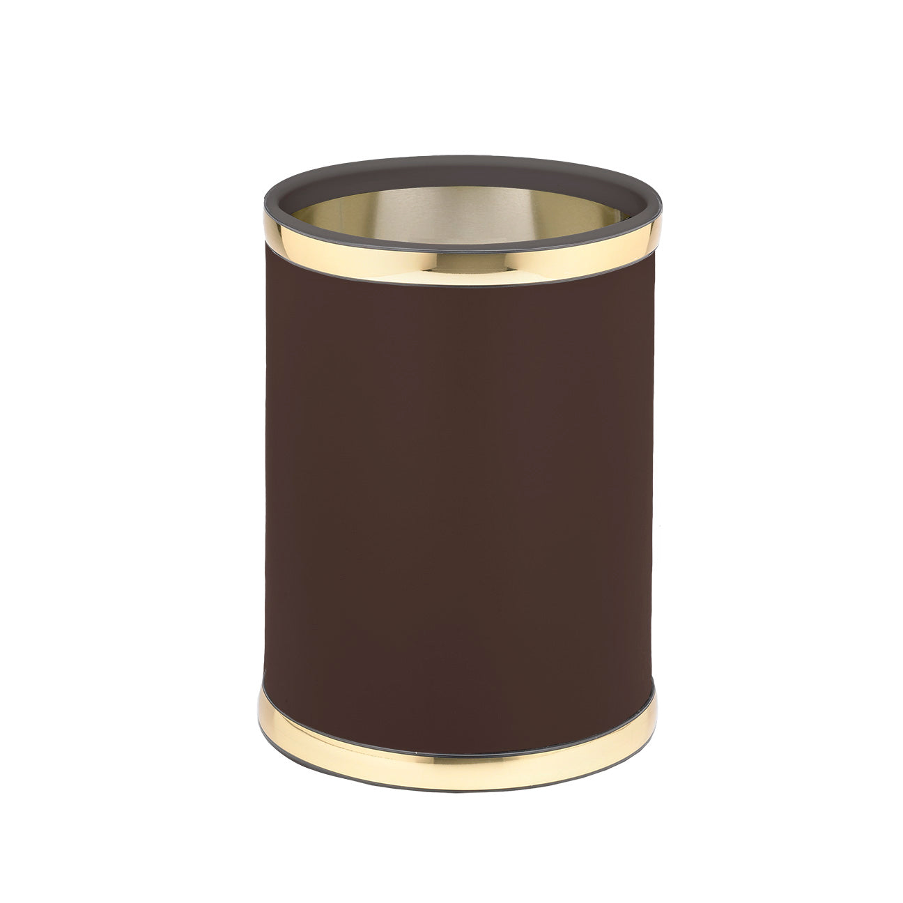 Brown and Polished Gold | Elegant leatherette wastebasket with gold bumpers and smooth texture.