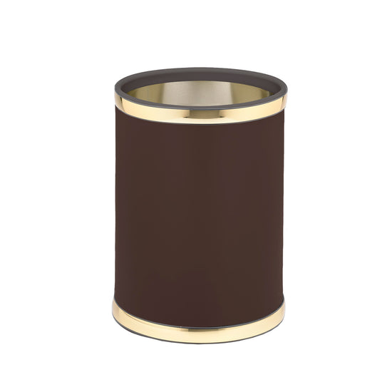 Brown and Polished Gold | Elegant leatherette wastebasket with gold bumpers and smooth texture.