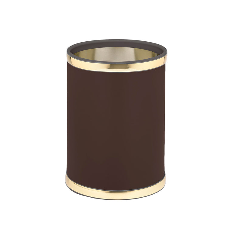 Brown and Polished Gold | Elegant leatherette wastebasket with gold bumpers and smooth texture.