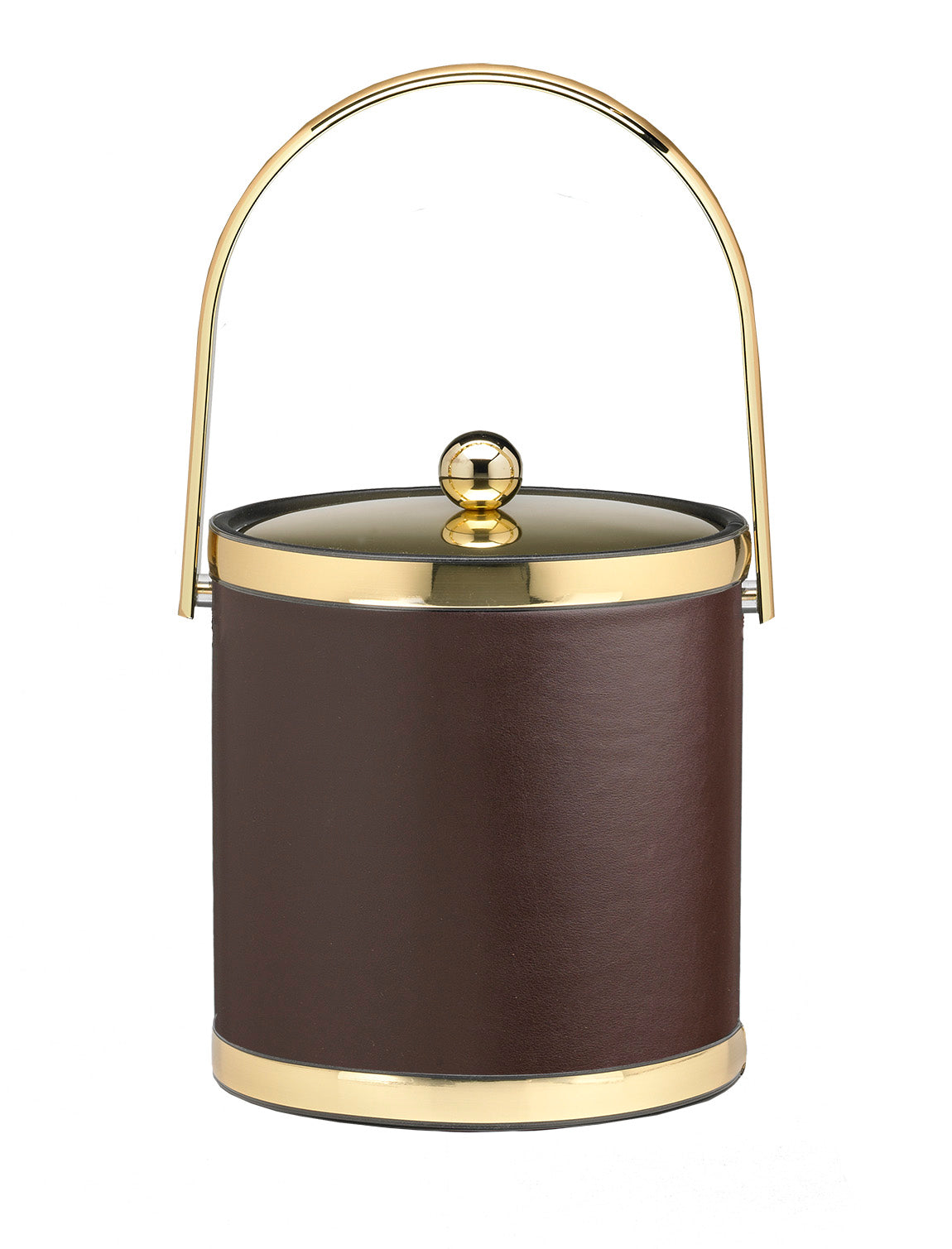 Brown with Polished Gold | Elegant leatherette ice bucket with gold faux metal trim and modern track handle.