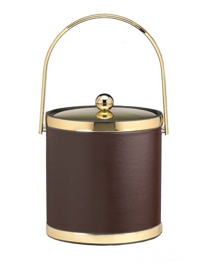 Brown with Polished Gold | Elegant leatherette ice bucket with gold faux metal trim and modern track handle.