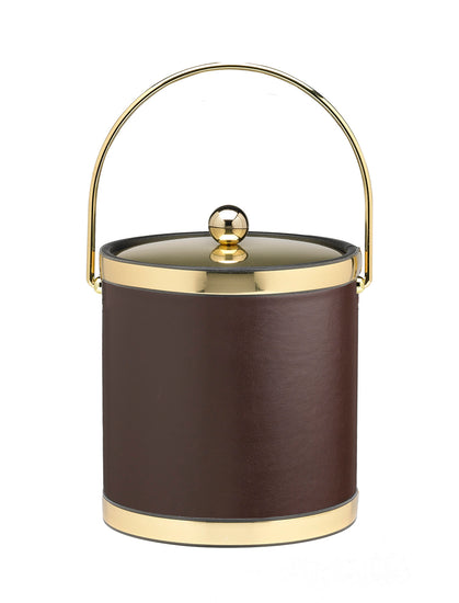 Brown with Polished Gold | Elegant leatherette ice bucket with gold hardware and matching bands.