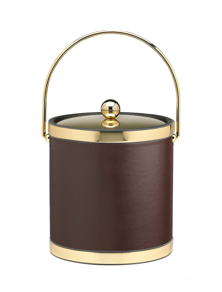 Brown with Polished Gold | Elegant leatherette ice bucket with gold hardware and matching bands.