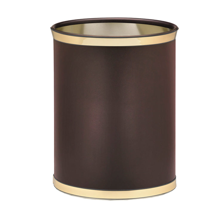 Brown | Sophisticated oval wastebasket in leatherette finish with contrasting faux metal bumpers.