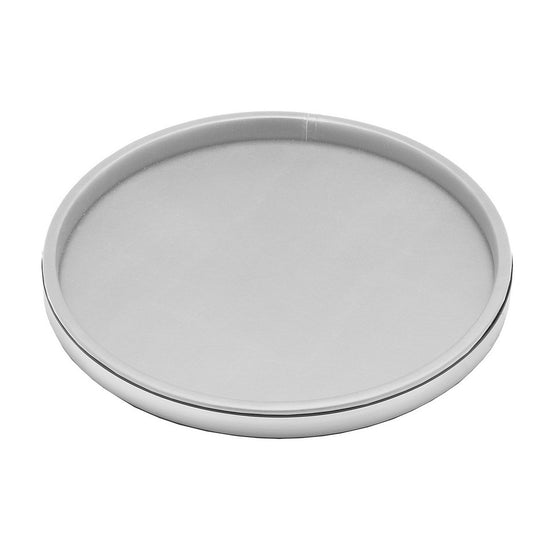 White and Brushed Chrome | Overhead view of a 14" round tray with modern leatherette texture and metal accents.