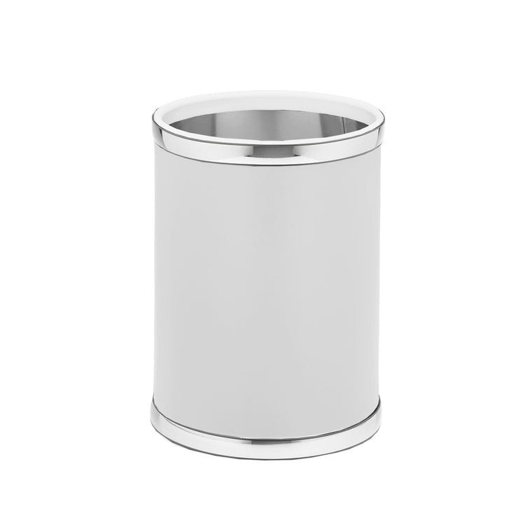 White and Polished Chrome | Showing round opening and contrasting faux metal accents of the leatherette wastebasket.