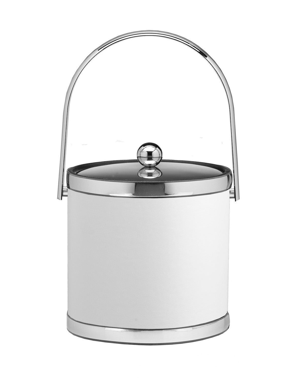 White with Polished Chrome | Metal cover and handle assembled on a faux-banded leatherette ice bucket.