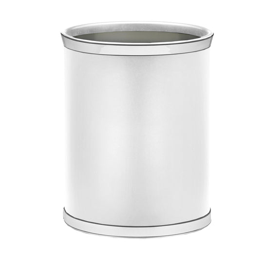 White | Back view of the oval leatherette wastebasket with smooth body and chrome faux metal trim.
