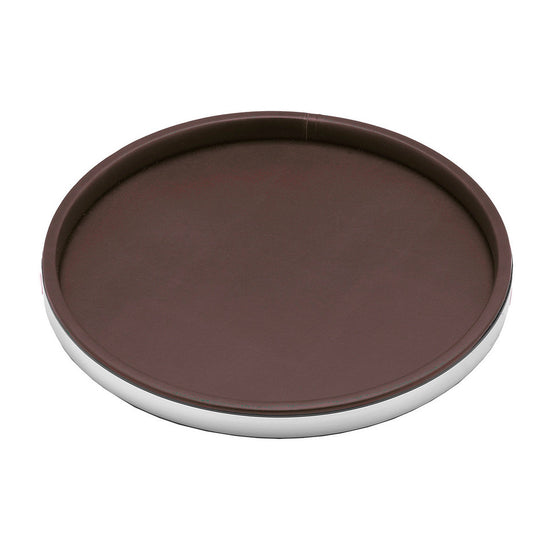 Brown | A brown round leatherette serving tray with a silver rim.