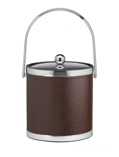 Brown with Polished Chrome | Round leatherette ice bucket with faux metal bands and a metal cover.
