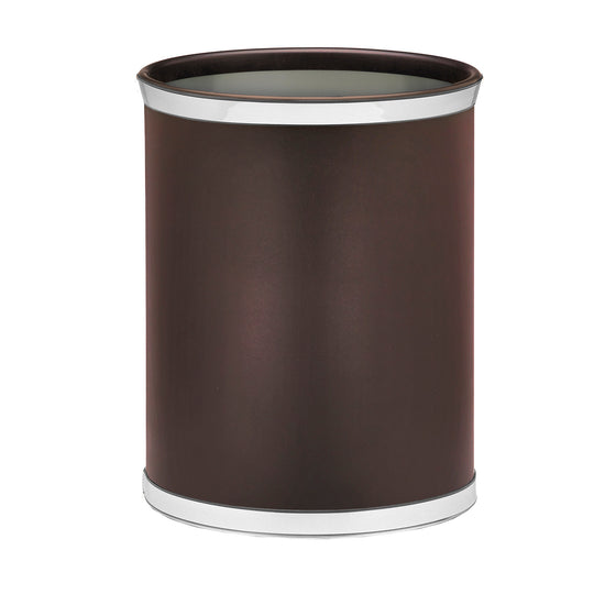 Brown | Elevated front view of an oval leatherette bin with faux metal top and bottom bumpers.