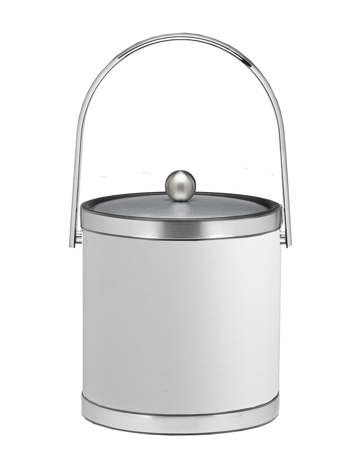 White with Brushed Chrome | Front-facing view of a 3qt leatherette ice bucket with brushed faux metal bands and a matching lid.