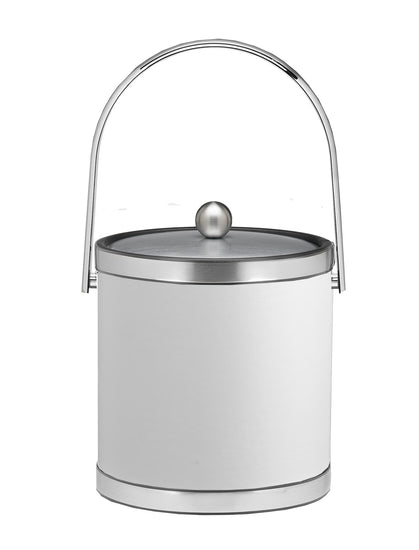 White with Brushed Chrome | Front-facing view of a 3qt leatherette ice bucket with brushed faux metal bands and a matching lid.