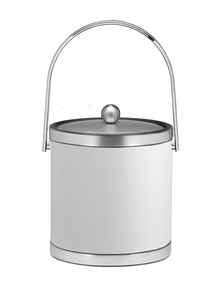 White with Brushed Chrome | Front-facing view of a 3qt leatherette ice bucket with brushed faux metal bands and a matching lid.