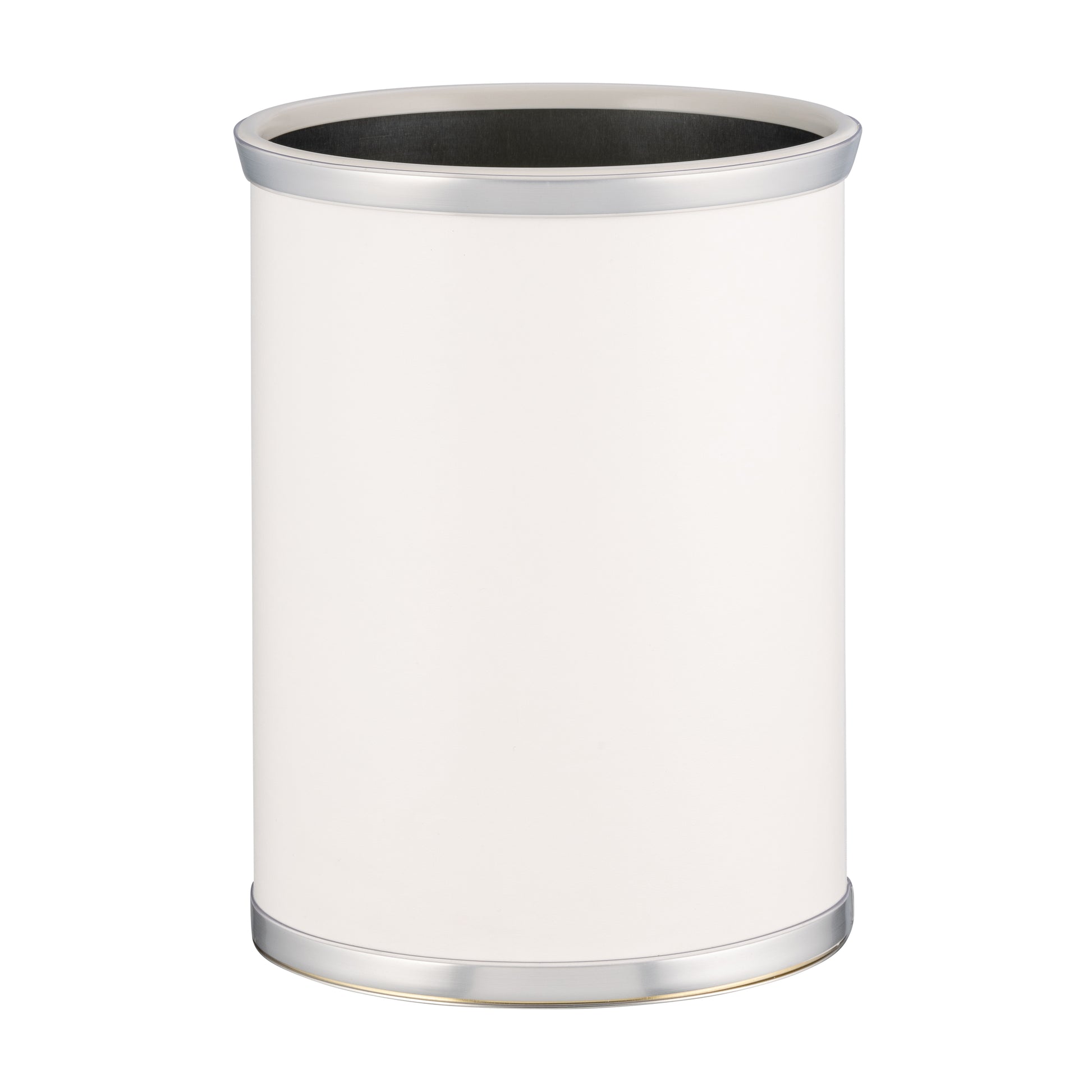 White | 13qt oval leatherette wastebasket with brushed faux metal accents.