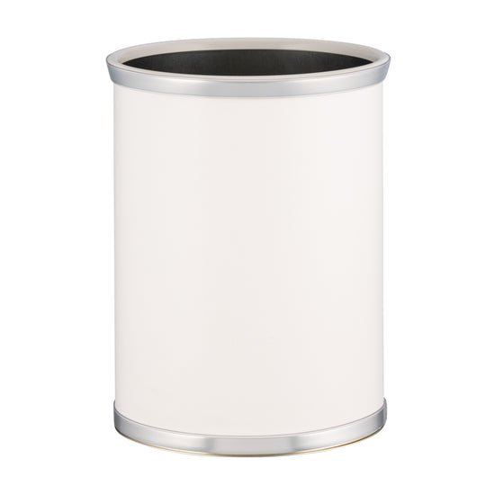 White | 13qt oval leatherette wastebasket with brushed faux metal accents.