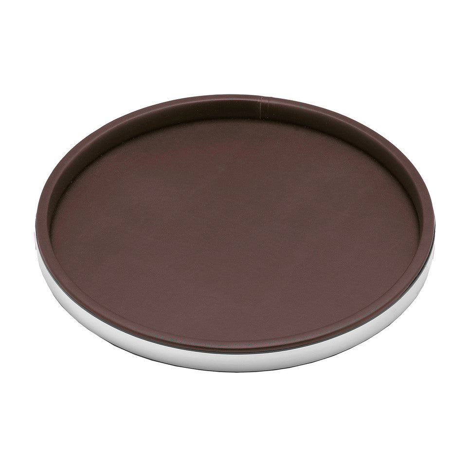 Brown and Brushed Chrome | Close-up of the faux metal accent trim on a leatherette round tray.